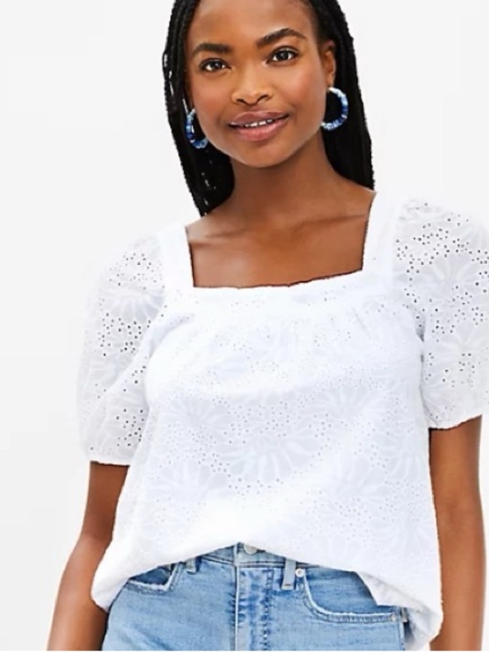 LOFT Eyelet Bubble Sleeve and Square Neck White Boho Blouse Size XS